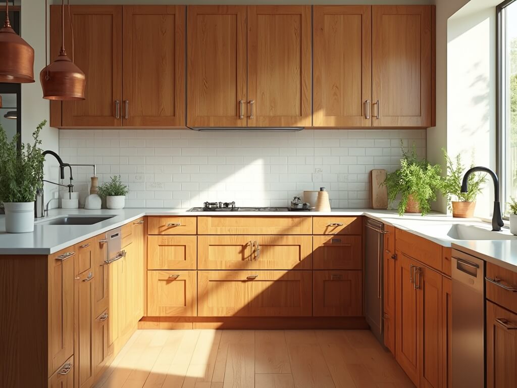 "Sunlit modern kitchen with hickory wood cabinets, white quartz countertops, copper pots on a central island, and white subway tile backsplash"