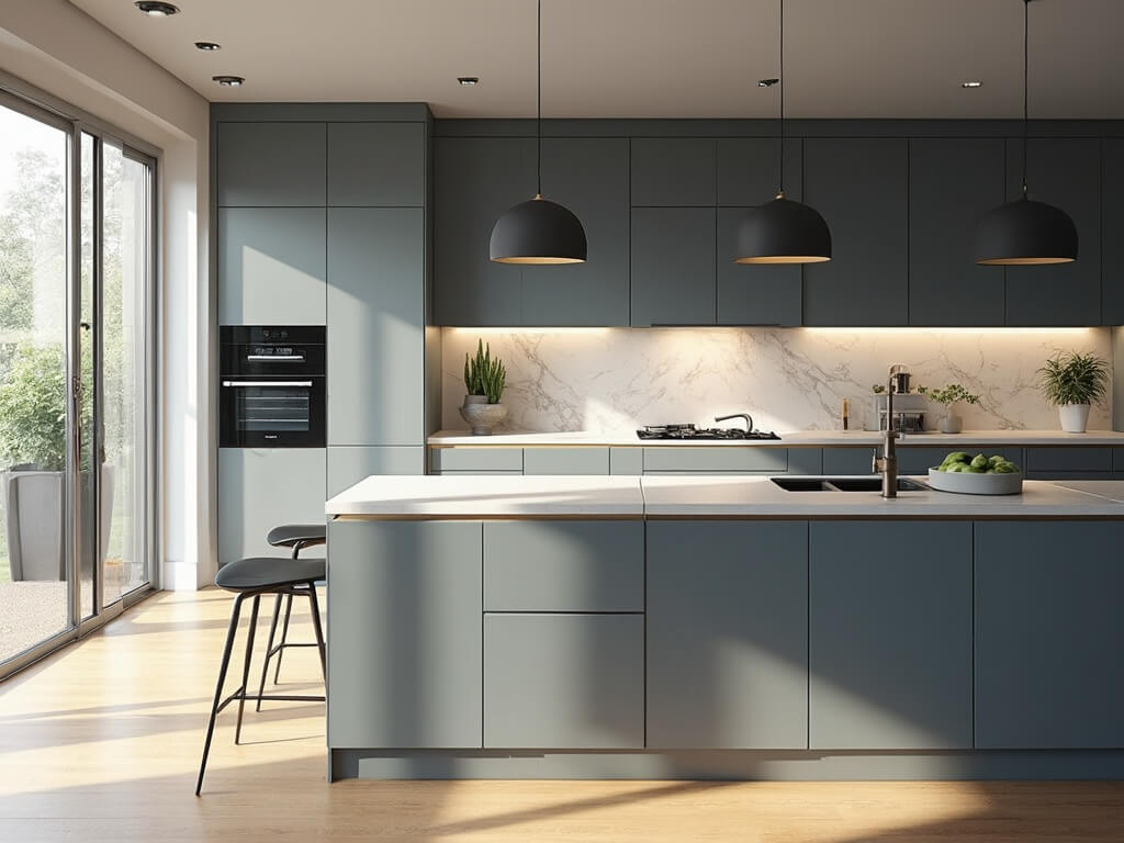"Modern IKEA SEKTION kitchen with blue-grey AXSTAD cabinets, waterfall quartz island, stainless steel appliances, and marble backsplash bathed in natural morning sunlight."