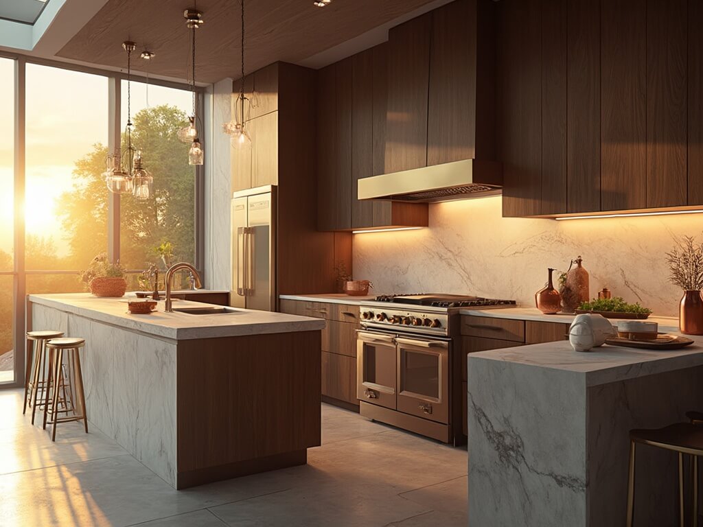 "Spacious, luxurious kitchen with rich brown cabinets, quartz island, high-end appliances, and brass lighting fixtures, bathed in golden hour sunlight"