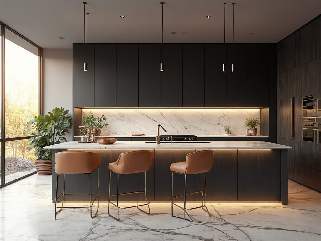 "Modern kitchen with Iron Ore cabinets, Calacatta marble backsplash, waterfall island, gold fixtures, and golden hour sunlight through floor-to-ceiling windows"