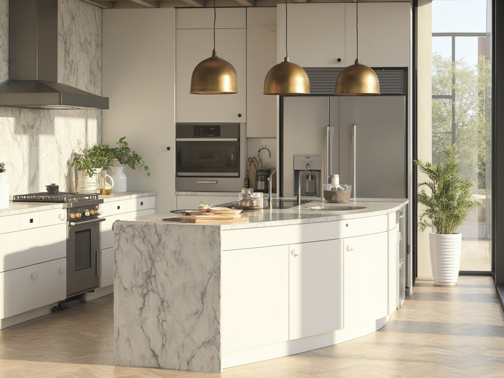 "Modern luxury kitchen with off-white shaker cabinets, marble waterfall island, and professional-grade stainless steel appliances bathed in golden hour sunlight"
