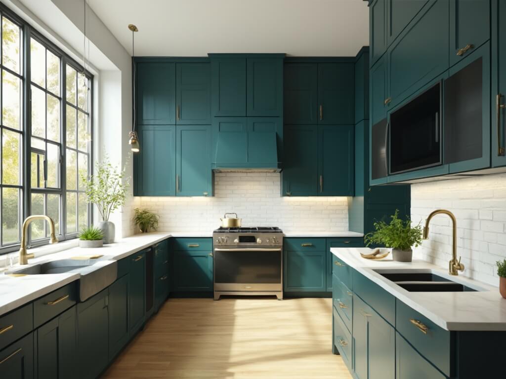 "Modern luxury kitchen with teal cabinets, white quartz island, and matte black appliances bathed in soft morning sunlight"