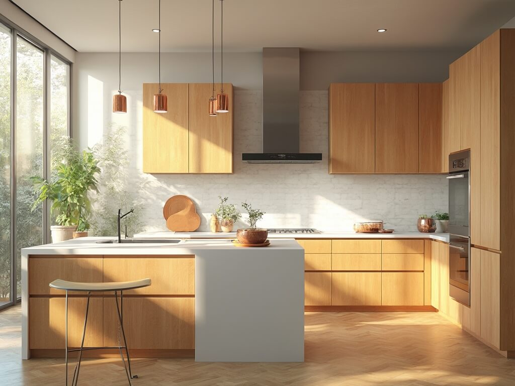 "Modern maple kitchen with Shaker-style cabinets, white quartz island, stainless steel appliances, and morning sunlight"