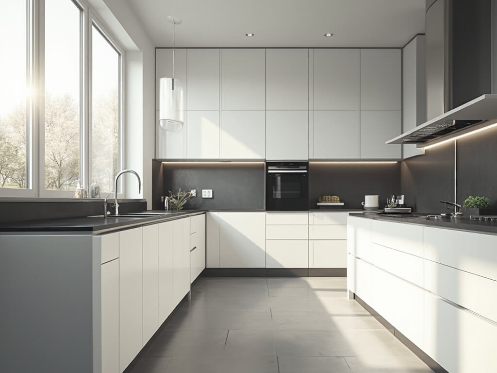 "Ultra-detailed rendering of a modern minimalist kitchen with white handleless cabinets, black quartz countertops, and stainless steel appliances in morning light"