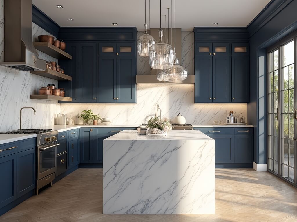 "Luxurious modern kitchen with navy blue cabinets, white marble countertops, floor-to-ceiling windows, and stainless steel appliances"