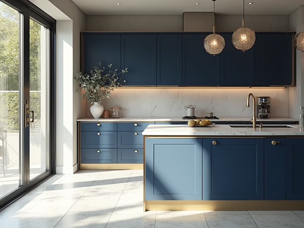 "Luxurious modern kitchen with navy blue cabinets, brass hardware, white Carrara marble countertops, and morning sunlight streaming through large windows"