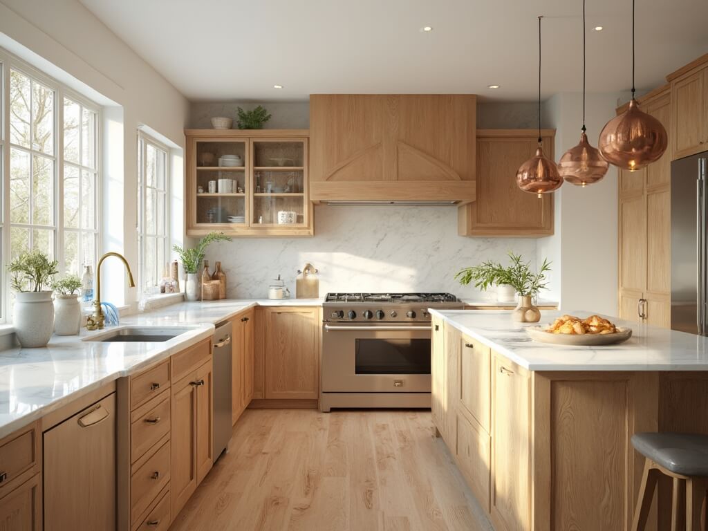"Spacious modern farmhouse kitchen with honey oak shaker-style cabinets, marble island countertop, stainless steel appliances and copper cookware accents in morning light"