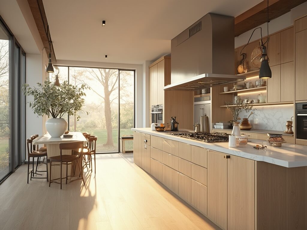 "Modern kitchen with light oak cabinets, quartz waterfall island, stainless steel appliances, and minimalist open shelving under natural light"