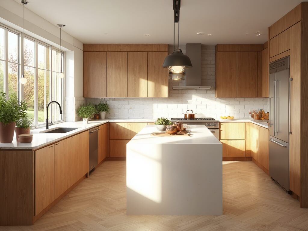 "Modern luxury kitchen with natural oak wood cabinets, white quartz island, herringbone flooring, professional appliances, and golden hour lighting"