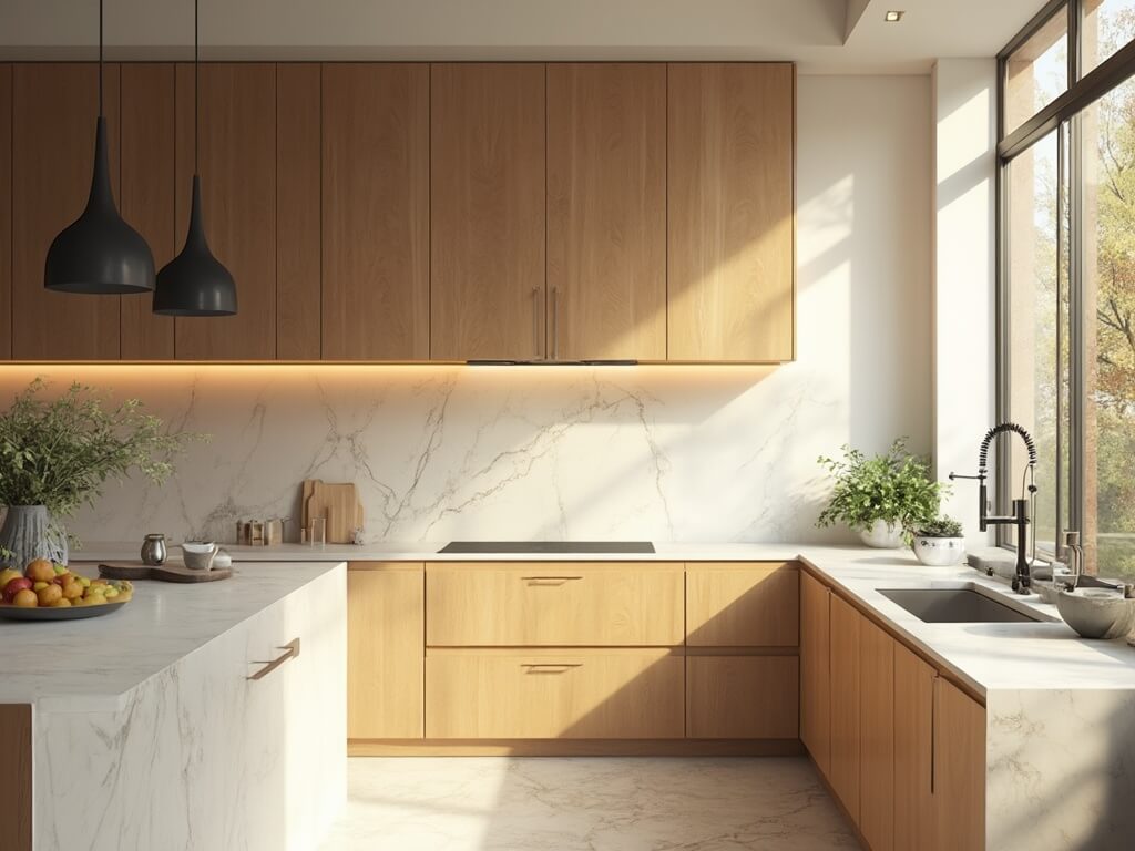 "Minimalist modern kitchen with honey oak cabinets, marble backsplash, and professional appliances bathed in golden morning sunlight"