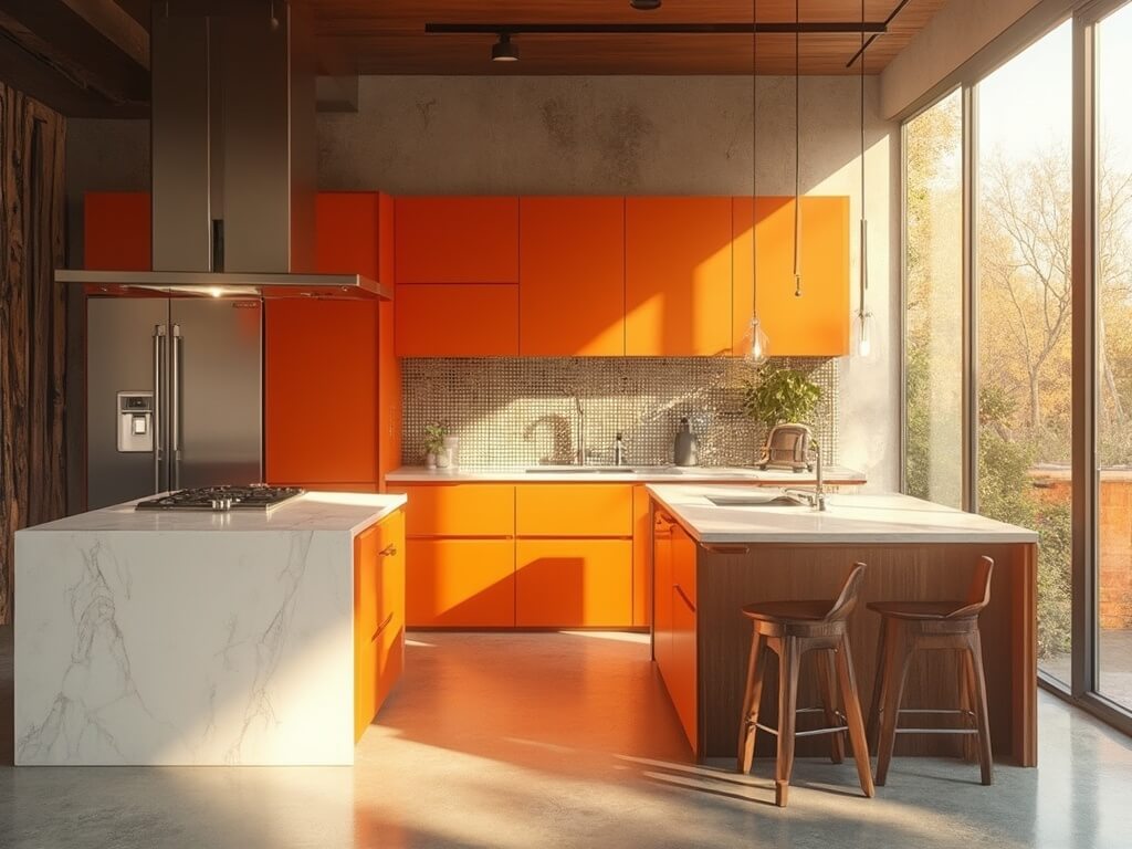 "Mid-century modern kitchen with burnt orange cabinets, white quartz island, stainless steel appliances, and walnut wood accents bathed in golden hour sunlight"