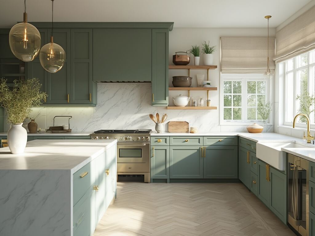 "Modern kitchen with Sherwin-Williams Pewter Green cabinets, white quartz waterfall island, and detailed woodwork under soft natural lighting."