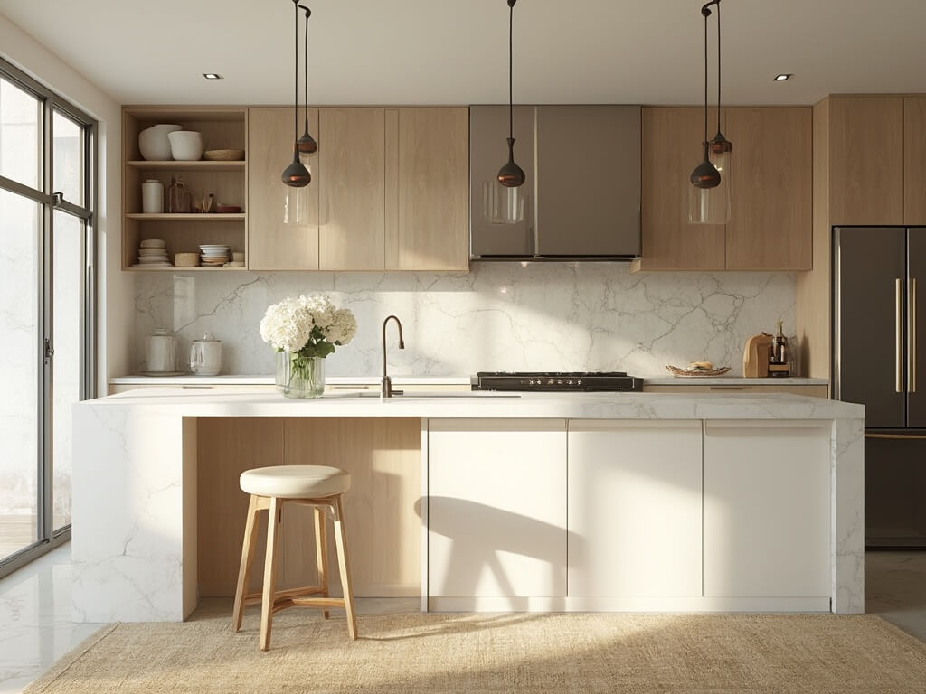 "Sunlit modern maple kitchen interior with brass pendant lights over quartz island and Scandinavian-inspired decor"