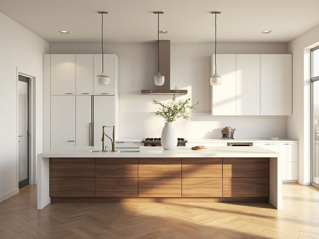 "Minimalist white and walnut wood kitchen with floor-to-ceiling windows, quartz island countertop, stainless steel appliances, and chevron-patterned hardwood floors in morning sunlight"
