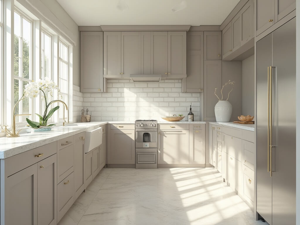 "Modern taupe kitchen with Carrara marble countertops, white subway tile backsplash, and brass hardware in morning sunlight."