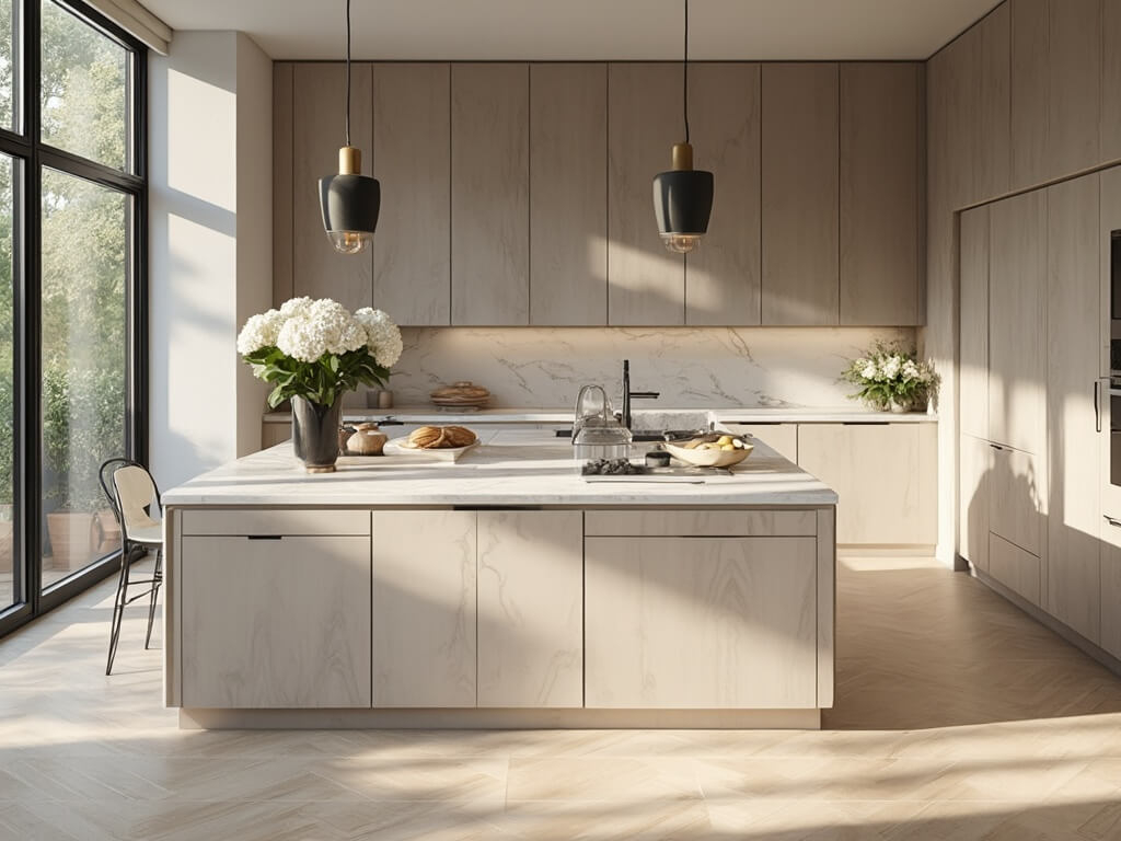 "Contemporary taupe kitchen with Shaker-style cabinets, Carrara marble countertops, white oak floors, and natural morning light"