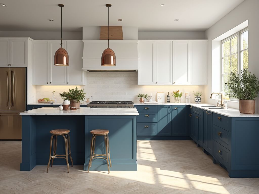 "Modern two-tone kitchen interior design with white and navy blue cabinets, white quartz island, and artisanal ceramics under natural light"