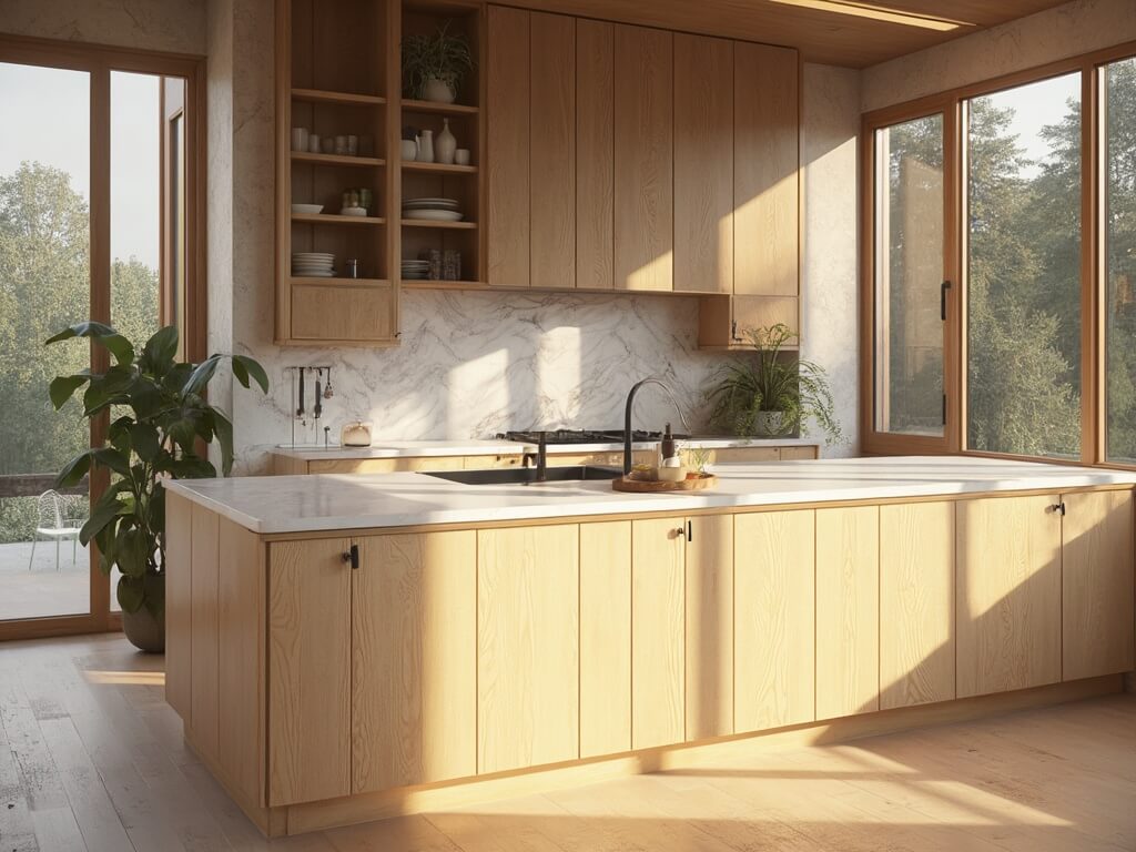"White oak Shaker-style kitchen with floor-to-ceiling windows, waterfall island, and matte black fixtures in morning light"