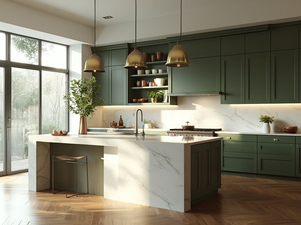 "Olive green modern luxury kitchen with Carrara marble countertops, central island, brass pendant lights, and walnut hardwood floors in morning sunlight"