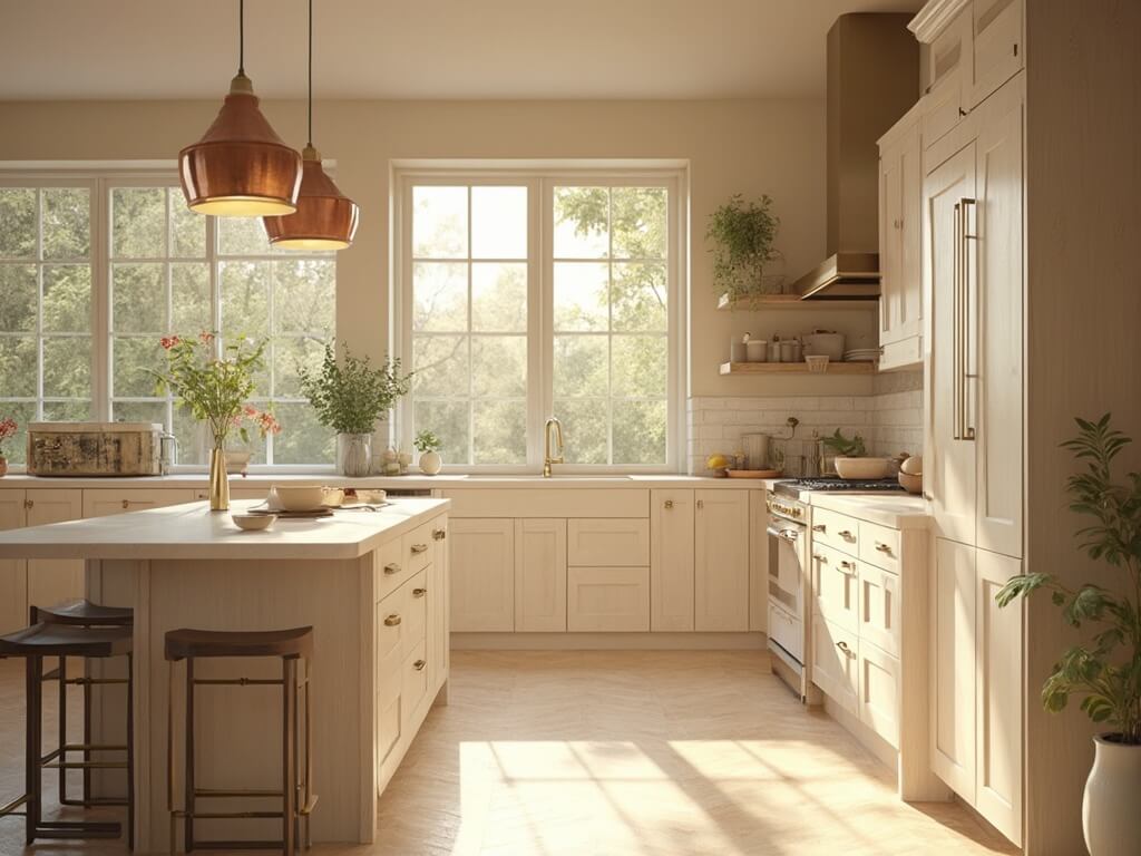"Transitional kitchen with pale oak cabinets, Taj Mahal quartzite countertops, and white oak flooring bathed in golden hour sunlight"