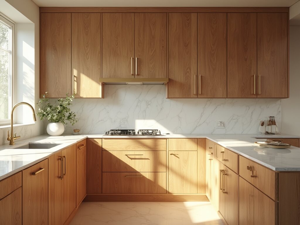 "Luxurious kitchen with red oak Shaker-style cabinets, white Carrara marble countertops and brass hardware, illuminated by morning sunlight."
