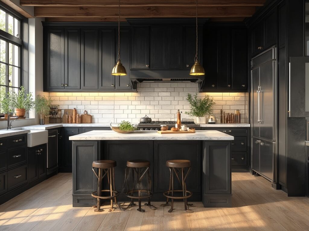 "Modern farmhouse kitchen with black shaker cabinets, white quartz waterfall island, and distressed oak flooring lit by golden hour sunlight"