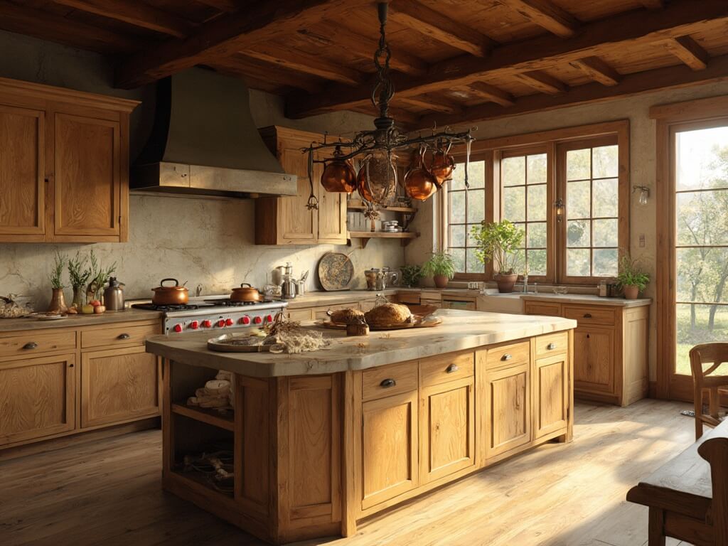 "Rustic farmhouse kitchen with honey-toned oak cabinets, large soapstone island, hanging vintage copper pots, and terracotta herb pots under golden hour light"