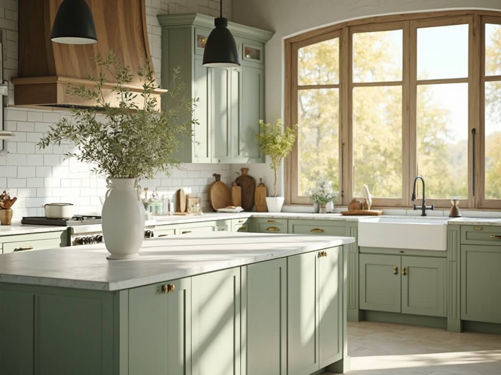 "Sunlit modern farmhouse kitchen with sage green cabinets, white quartz island, brass hardware, and wood accents"