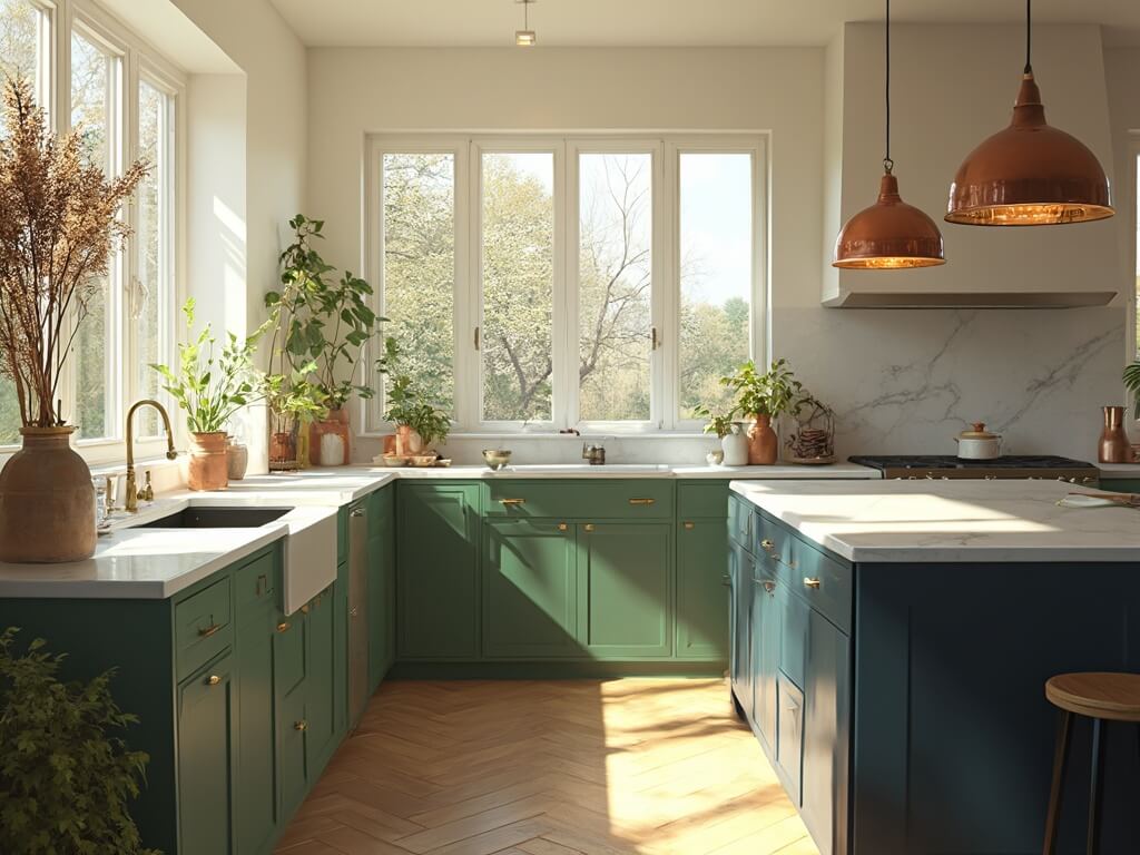 "Contemporary kitchen with sage green and white cabinets, navy blue island, Carrara marble countertops and warm brass accents, bathed in golden hour sunlight"