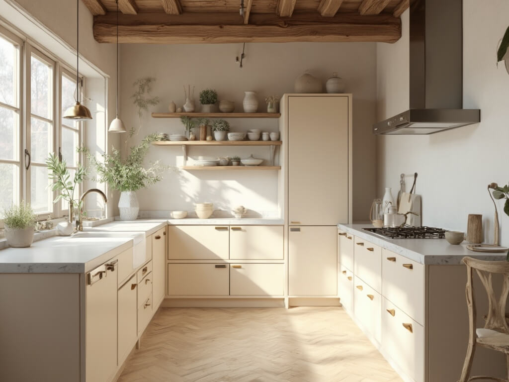 "Bright Scandinavian kitchen with beige cabinets, wooden beam ceilings, and white quartz island in natural daylight"