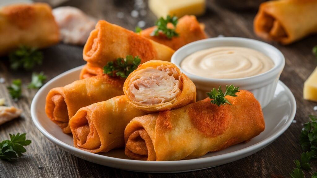 Crispy Chicken Alfredo Egg Rolls
