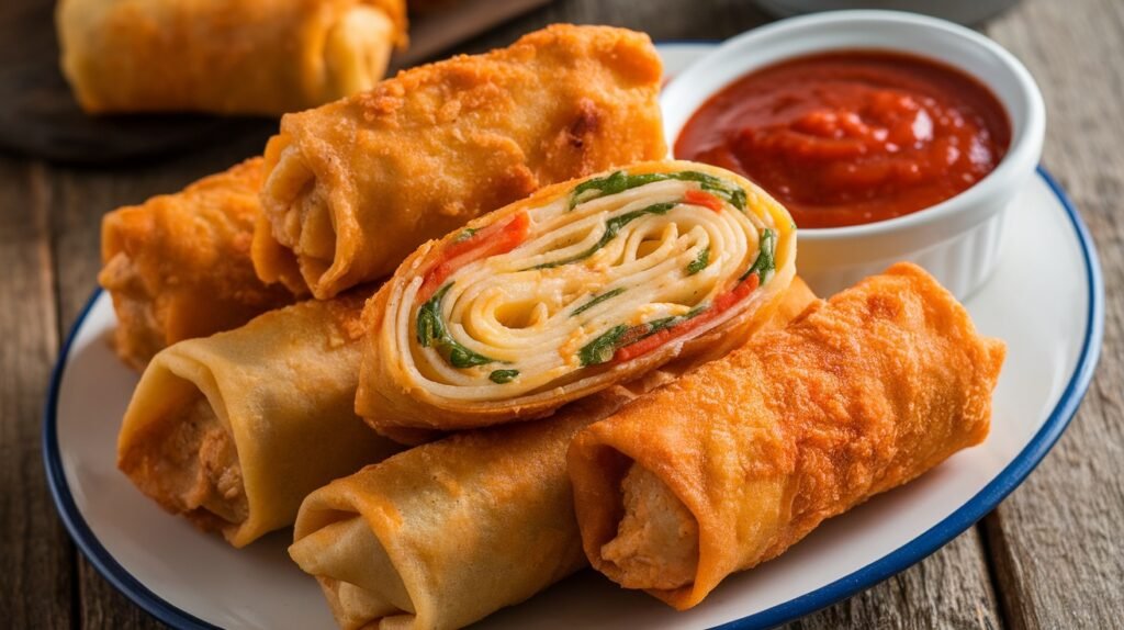 Chicken Alfredo Spaghetti Egg Rolls
