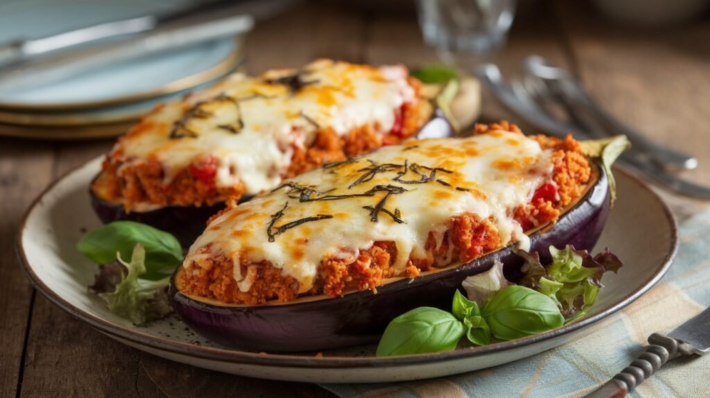 Chicken Parmesan Stuffed Eggplants
