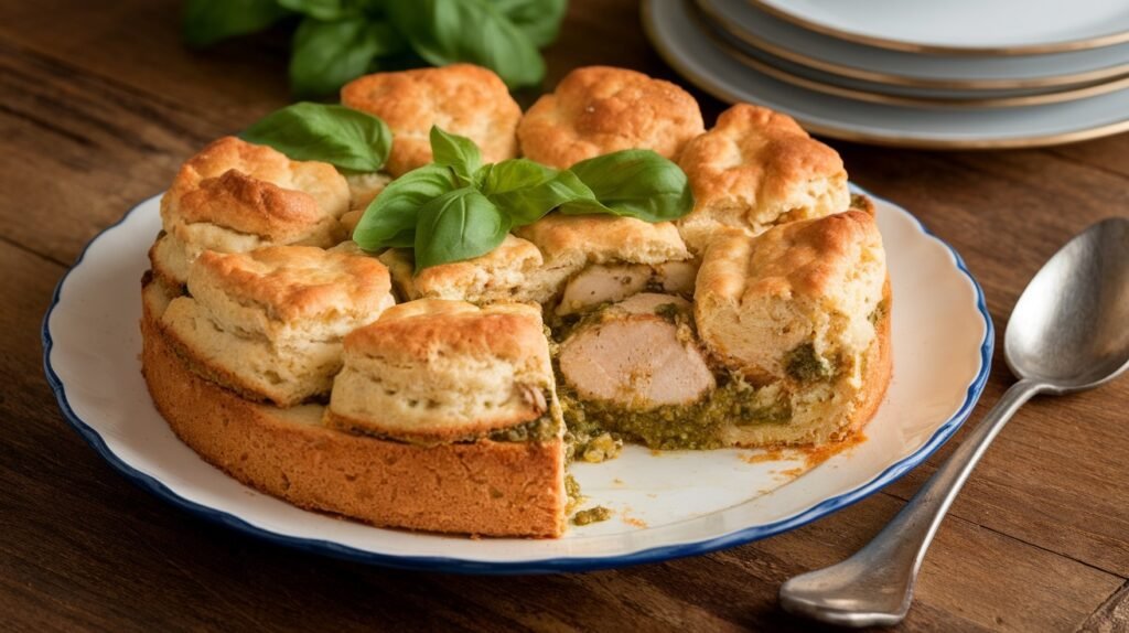Chicken Pesto Cheddar Biscuit Bake