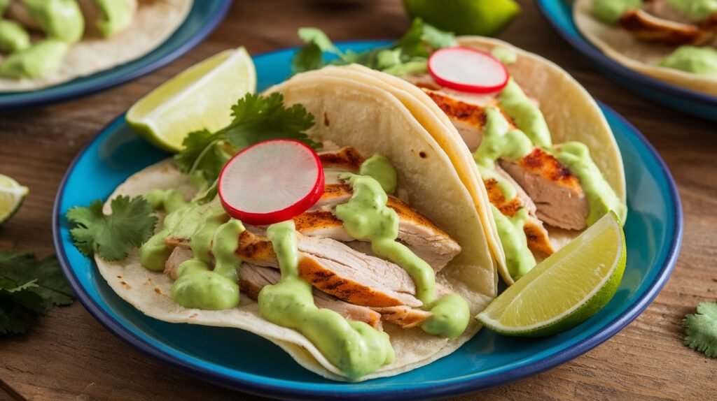 Avocado Garlic Cream Chicken Tacos