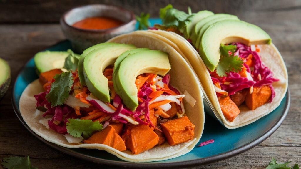 Sweet Potato Sriracha Slaw Tacos