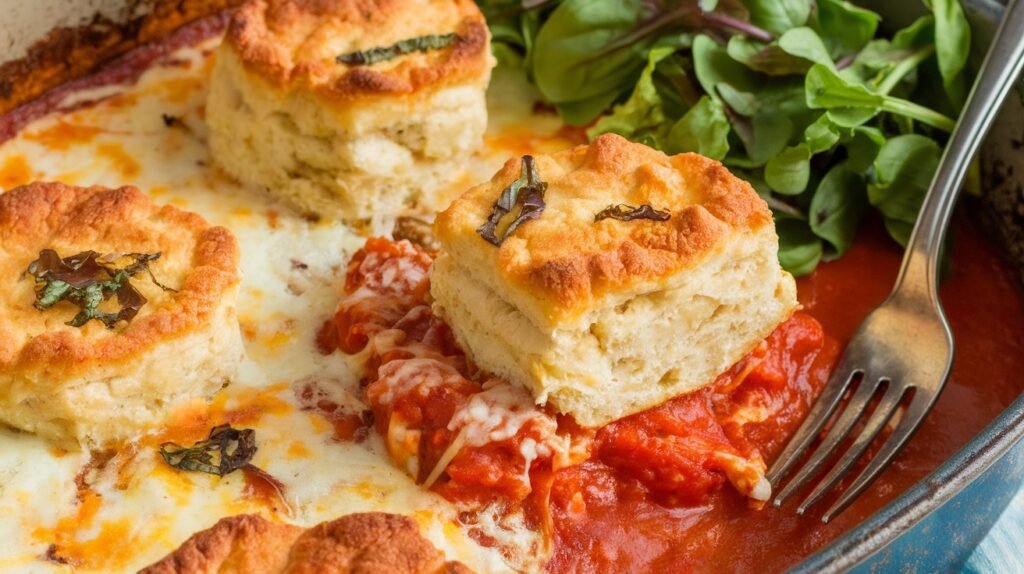 Chicken Parmesan Cheddar Biscuit Bake