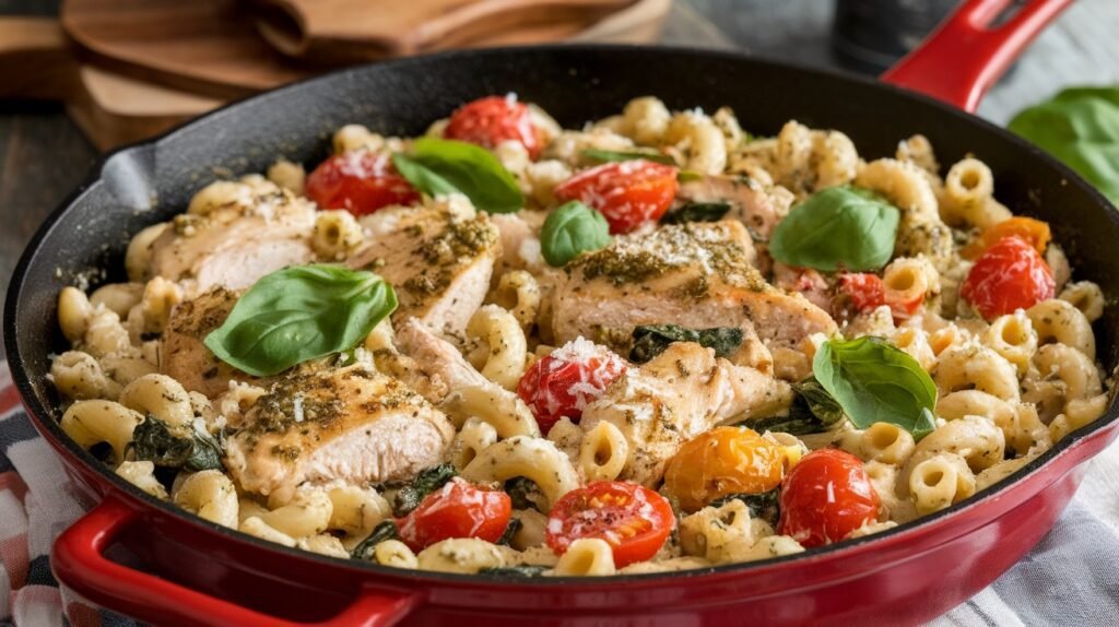 Chicken Pesto Macaroni Skillet