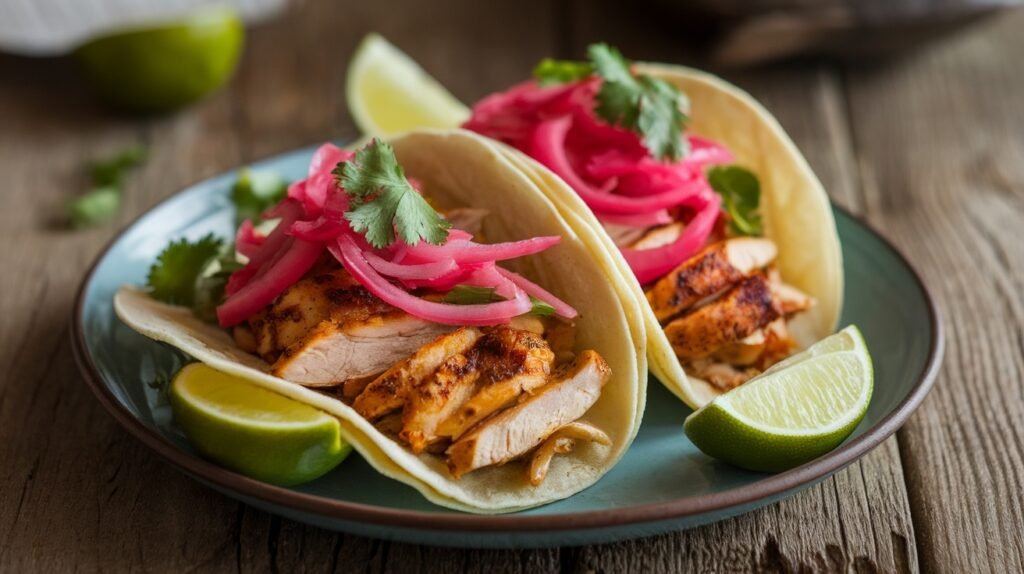 Spicy Pickled Onion Chicken Tacos