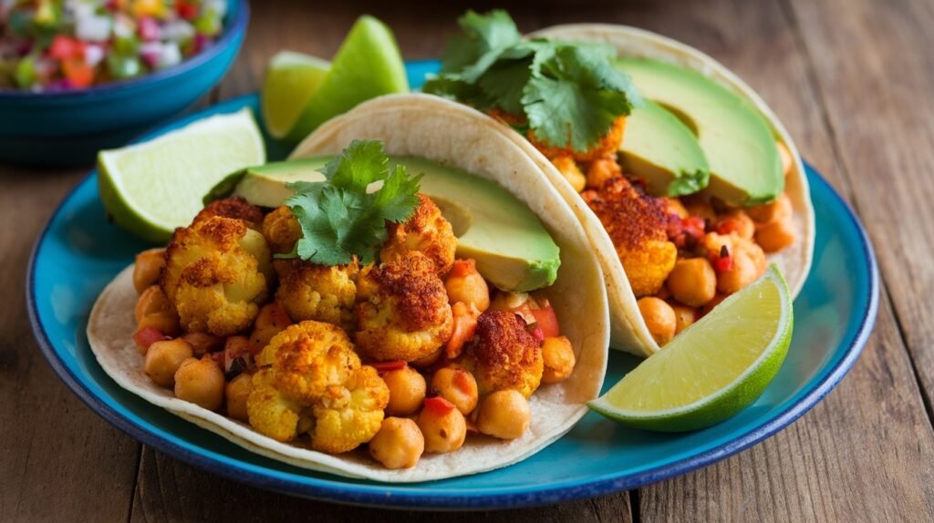 Spicy Roasted Cauliflower and Chickpea Tacos
