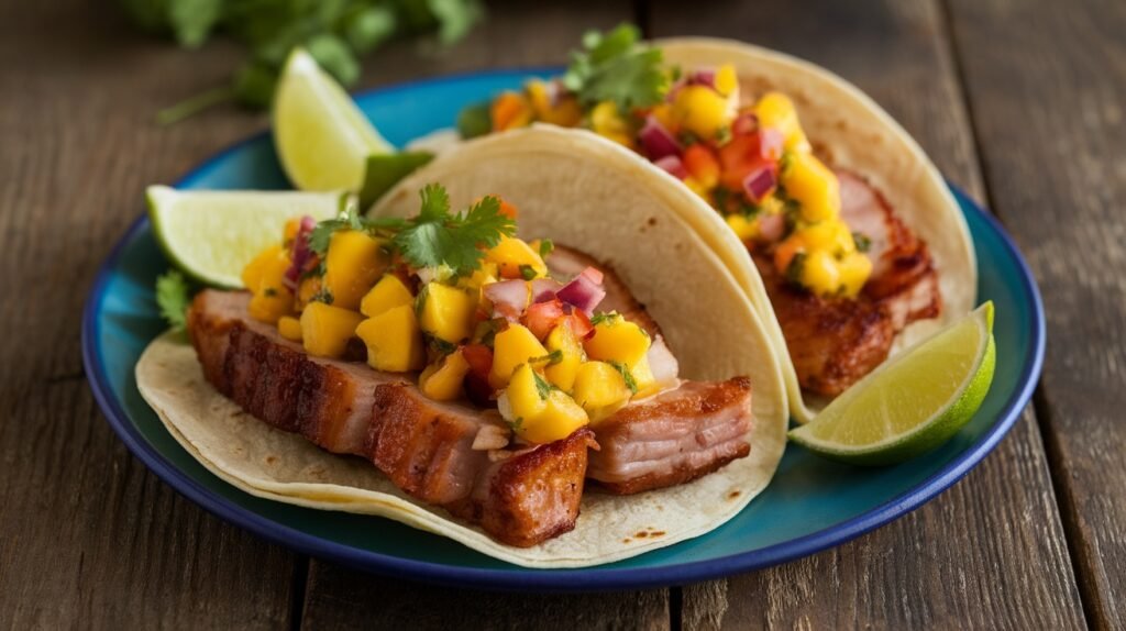 Spicy Mango Pork Belly Tacos