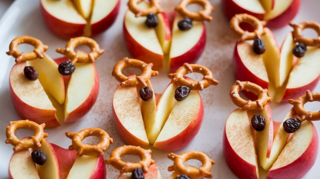Apple-Cinnamon Reindeer Faces (apple slices, raisins, pretzels)