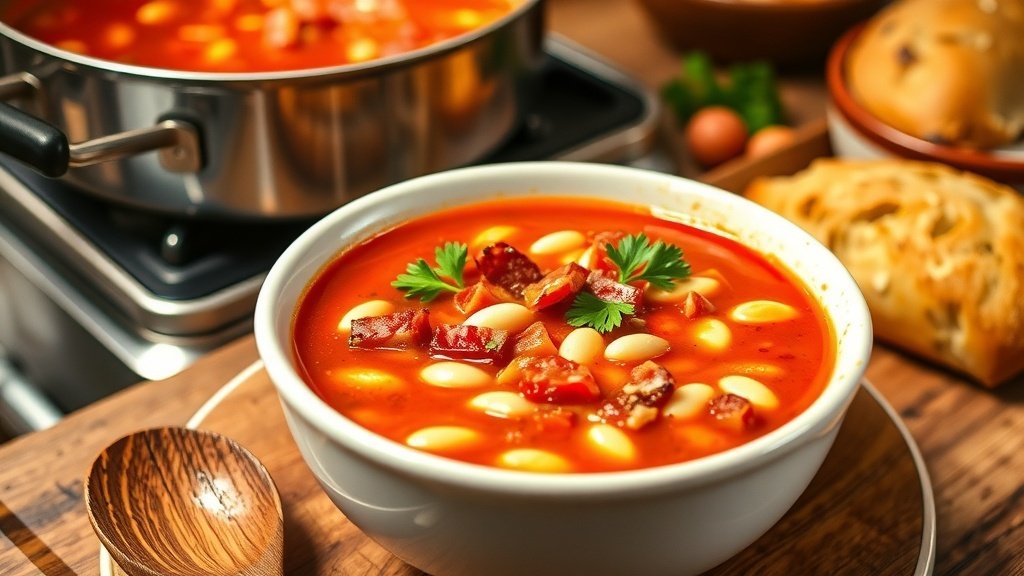Smoky Tomato, Bacon, and White Bean Soup
