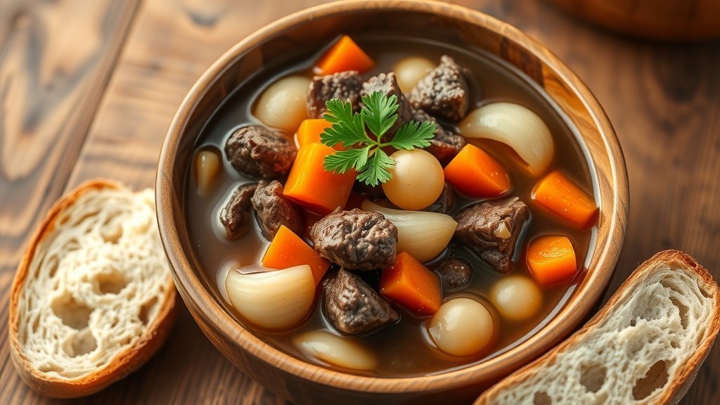 Rustic Beef and Pearl Onion Soup