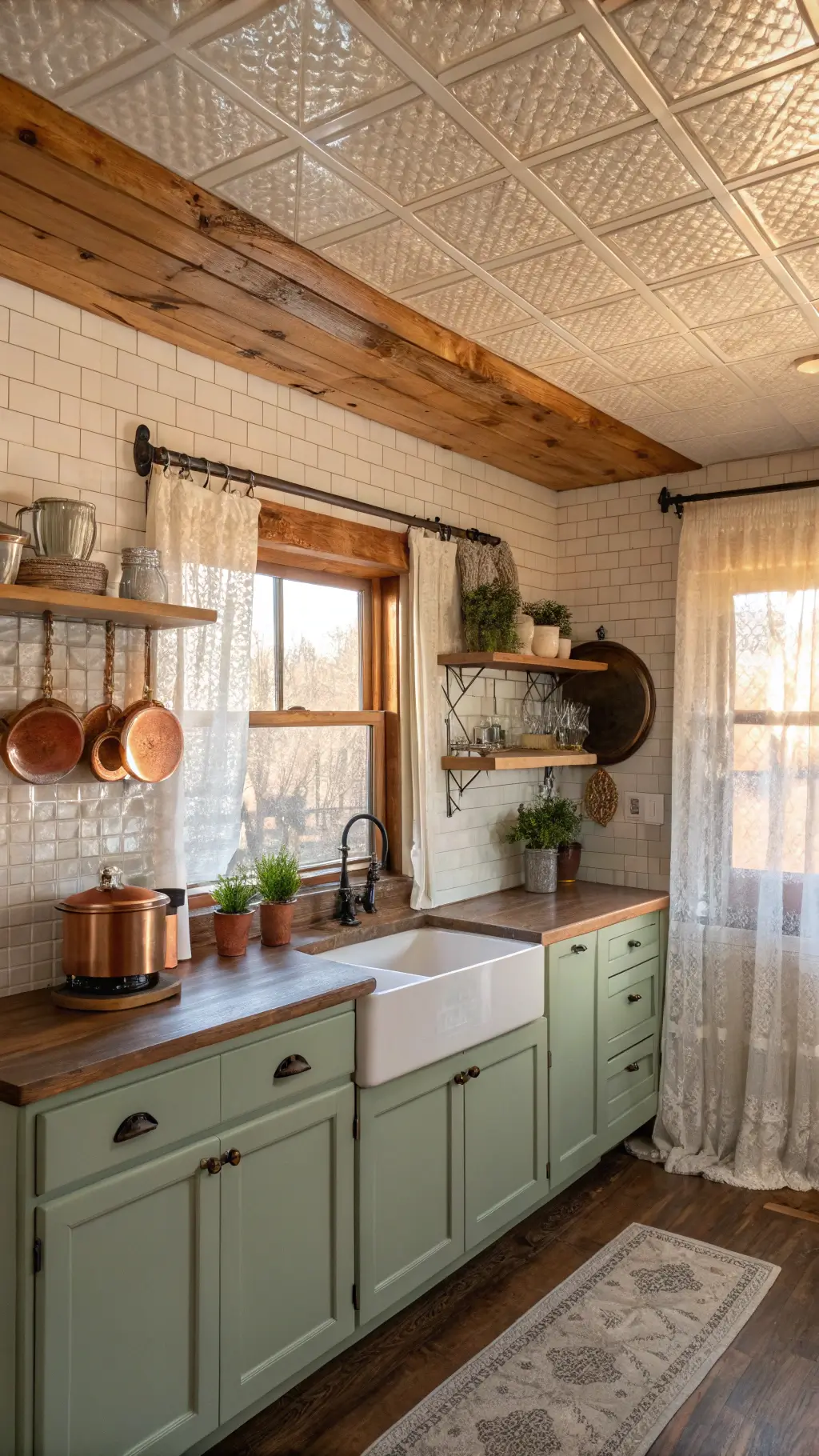 Warmly lit cozy farmhouse kitchen with sage green cabinets, butcher block counters, vintage copper pots, white ceramic backsplash in herringbone pattern, and exposed wooden beams on a vintage tin ceiling