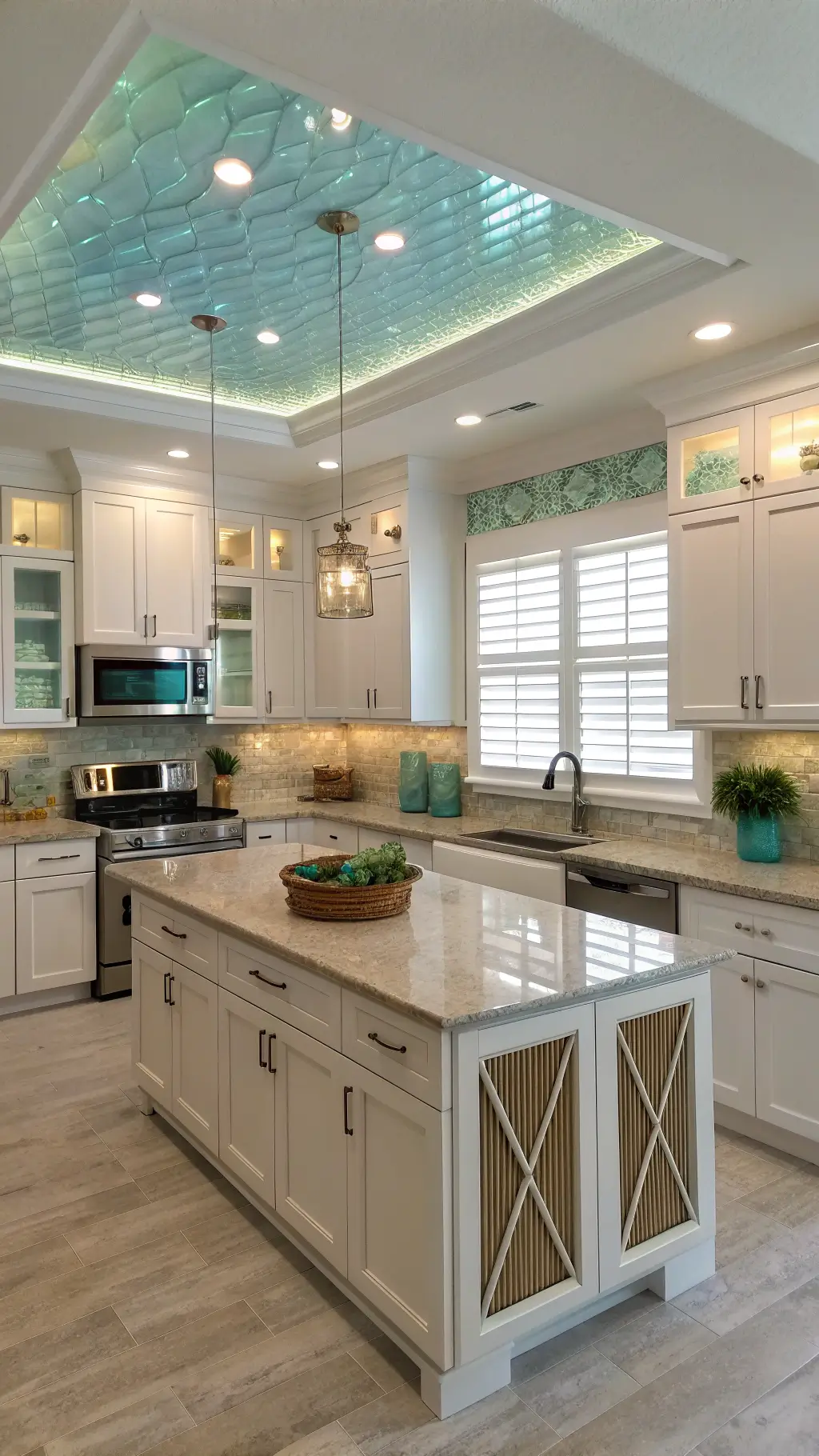 Coastal chic kitchen with white cabinets, sea glass blue backsplash, sandy beige quartz counters and driftwood-toned island under a 9-foot tray ceiling with rope lighting, all basked in the morning light streaming through plantation shutters