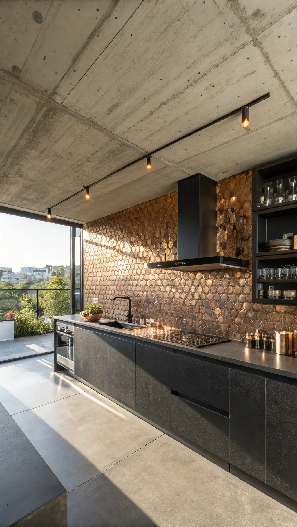 Sophisticated urban kitchen with industrial details, matte black cabinets, concrete counters, and metallic penny tile backsplash under afternoon sun