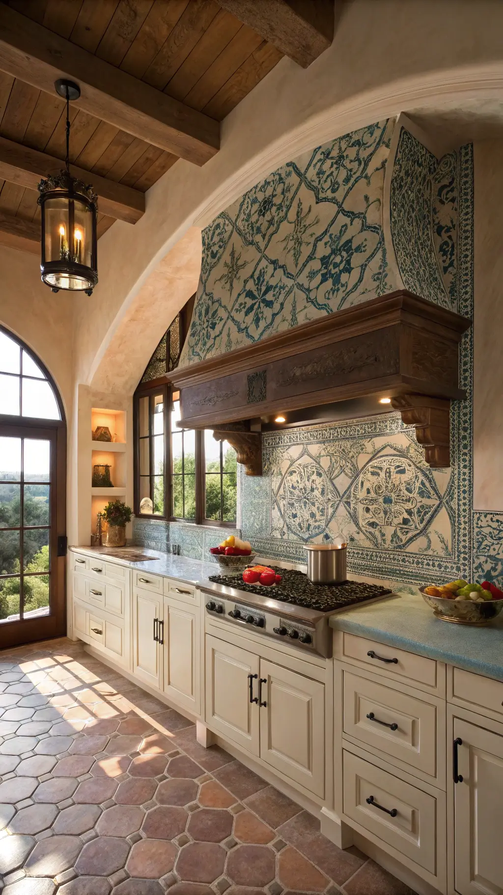 Mediterranean-inspired kitchen with terra cotta barrel ceiling, hand-painted ceramic tile backsplash in Moroccan pattern, cream cabinets, and limestone counters, lit warmly by sunset through the arched windows.