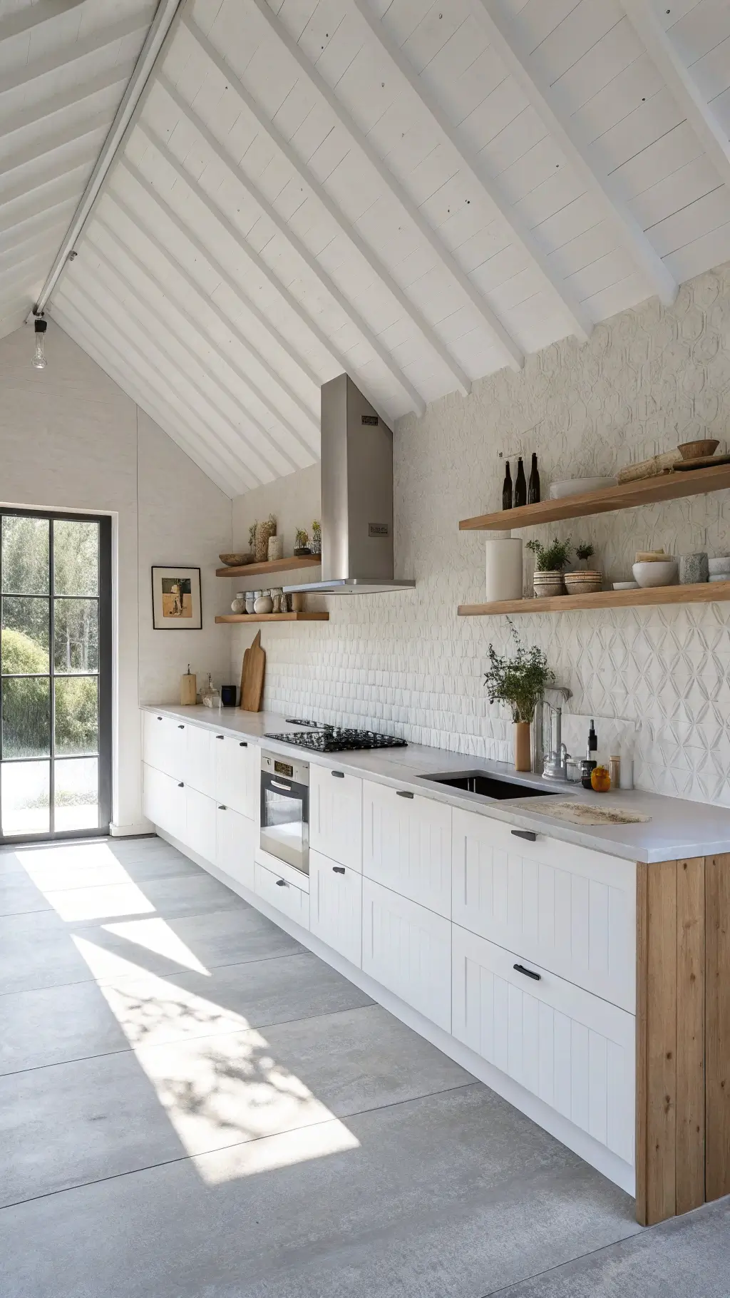 Scandinavian minimal kitchen with high pitched white ceiling, white lacquer cabinets, large-format white porcelain backsplash, floating oak shelves and pale gray concrete counters, bathed in early morning light casting long shadows, capturing a pristine calm mood.