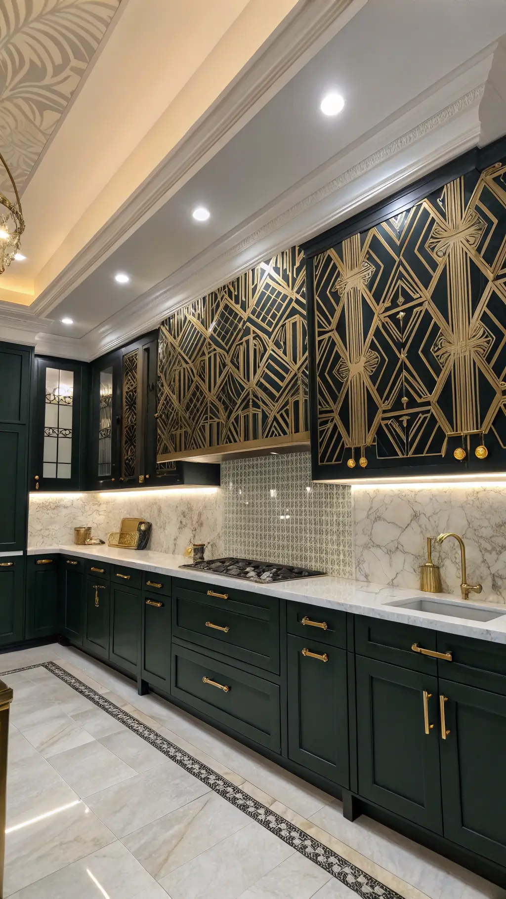 Art deco inspired kitchen with dark emerald cabinets, marble counters, brass hardware, and a geometric black, gold, and pearl glass tile backsplash extending to the 9-foot ceiling with crown molding. Image captured in the evening light showcasing the tile sparkle and dramatic uplighting.